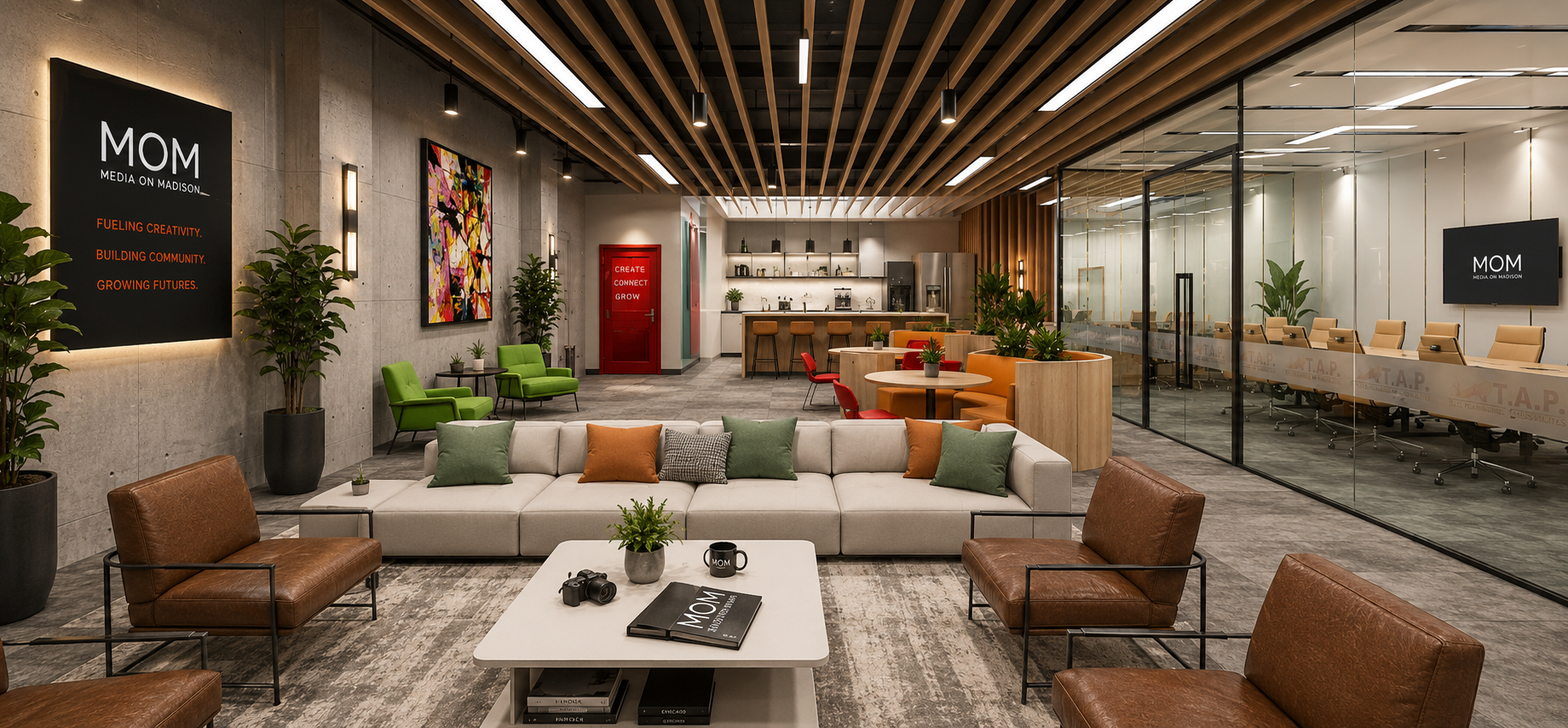 Creative coworking lounge where creators, entrepreneurs and producers work, meet and collaborate.